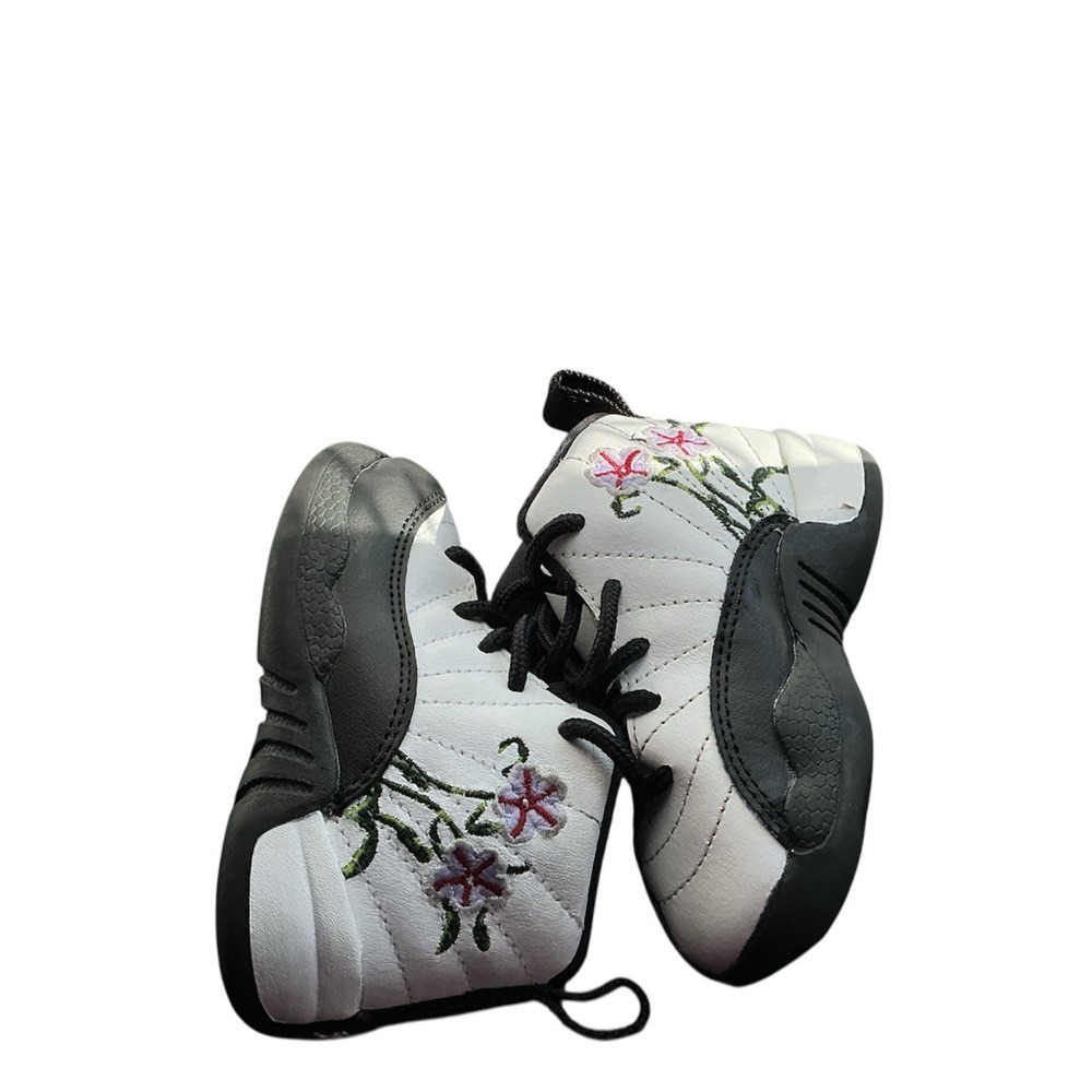 Air Jordan 12 Retro White Black Floral Toddler Crib Shoes size 5c